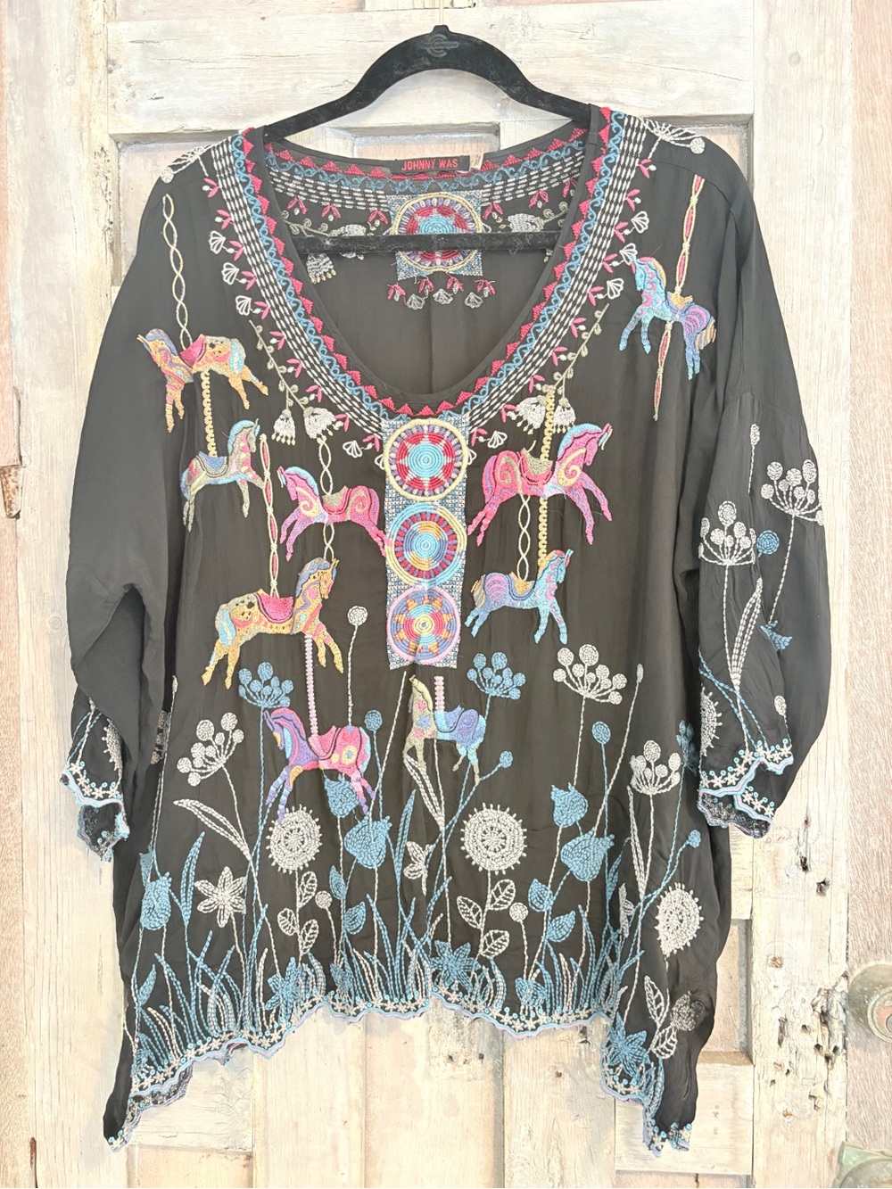 Johnny Was Black Tunic with Multicolor Embroidered Medallion carousel horses